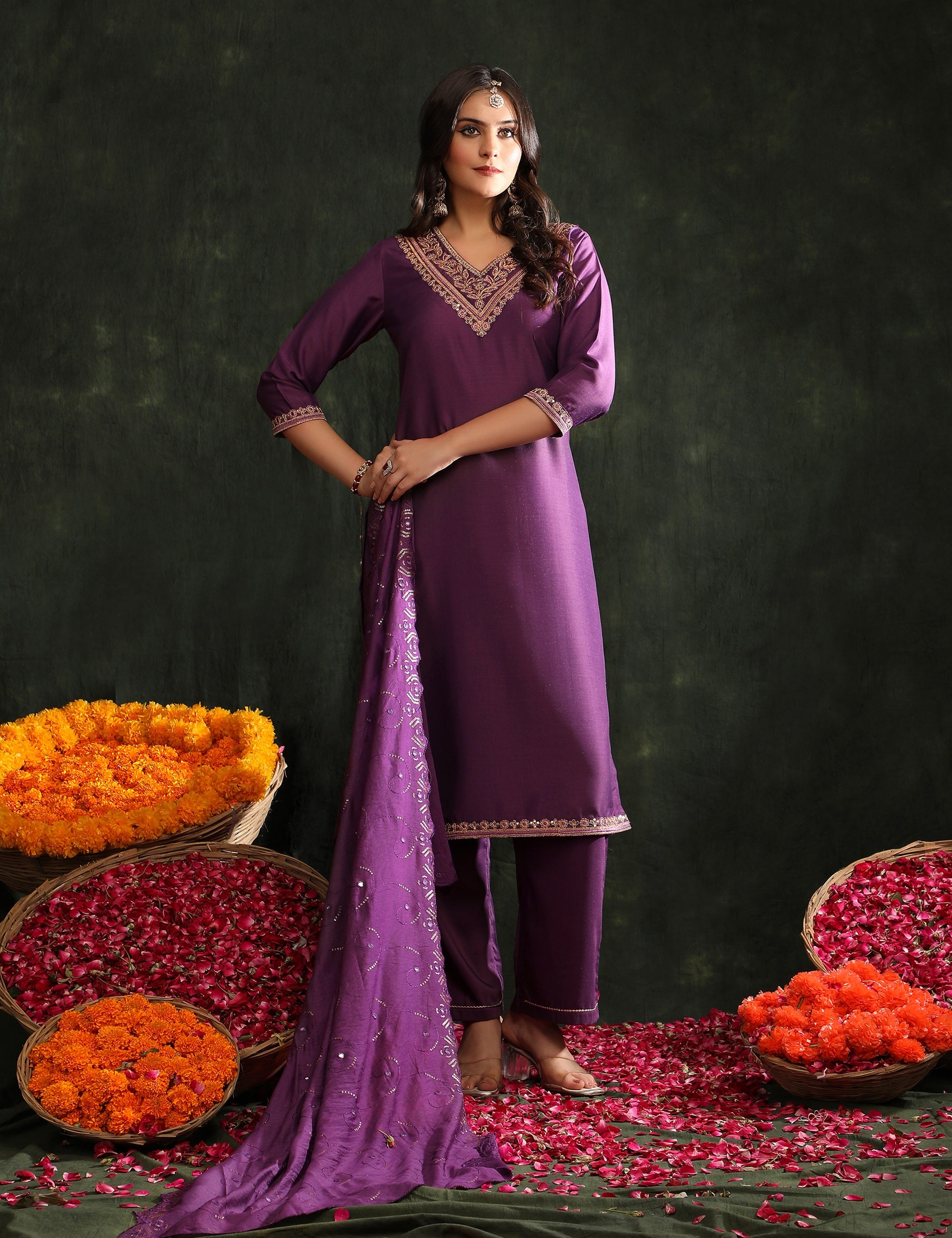 Women Ethnic Motifs Embroidered Regular Thread Work Kurta with Trousers & With Dupatta